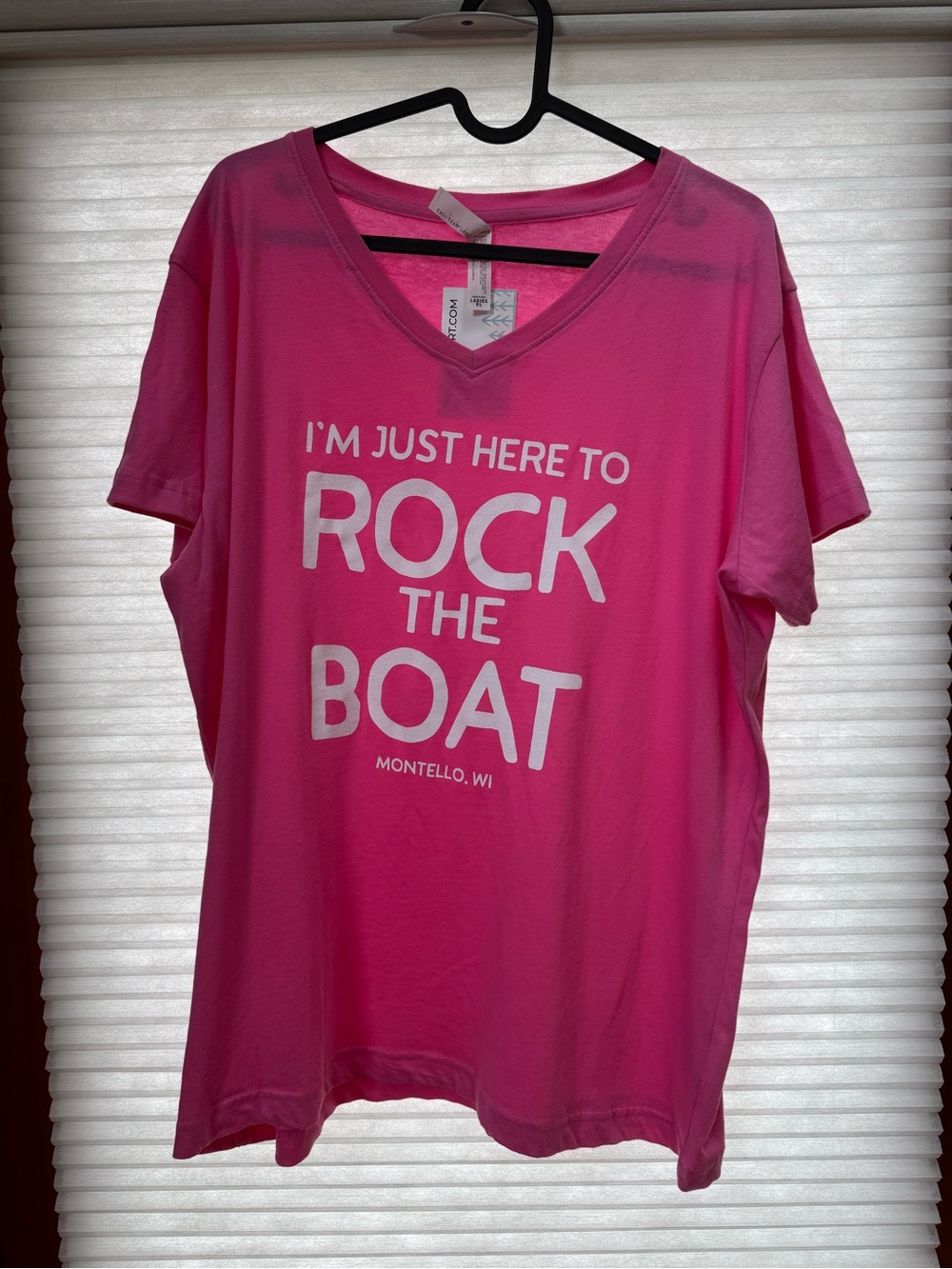 Montello Pink V-Neck Short Sleeve Tee with White Slogan